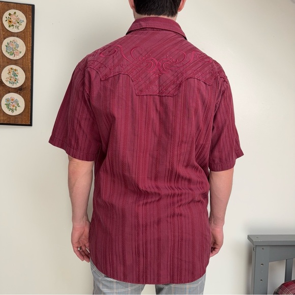 Vintage 90s Burgundy Pearl Snap Button Embroidered Western Shirt - Picture 4 of 9
